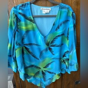 $33 Aliki Yamani  Creations Tropical Blue Green 100% Silk Blouse Size M